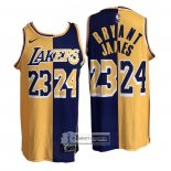 Camiseta Los Angeles Lakers Kobe Bryant LeBron James NO 24 23 Split Amarillo Violeta