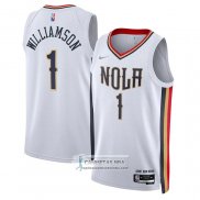 Camiseta New Orleans Pelicans Zion Williamson NO 1 Ciudad 2021-22 Blanco