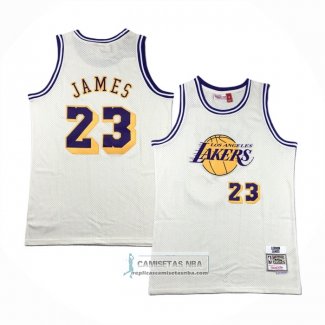 Camiseta Los Angeles Lakers Lebron James NO 23 Mitchell & Ness Chainstitch Crema