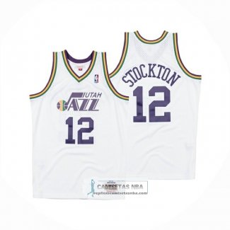 Camiseta Utah Jazz John Stockton NO 12 Mitchell & Ness 1991-92 Blanco