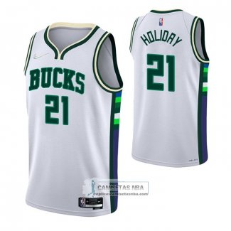 Camiseta Milwaukee Bucks Jrue Holiday NO 21 Ciudad 2021-22 Blanco