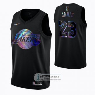 Camiseta Los Angeles Lakers LeBron James Iridescent Logo Negro