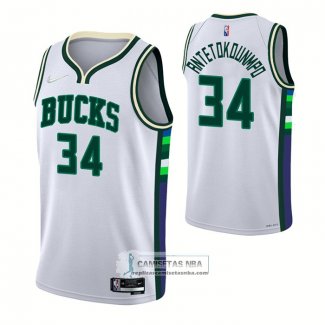 Camiseta Milwaukee Bucks Giannis Antetokounmpo NO 34 Ciudad 2021-22 Blanco