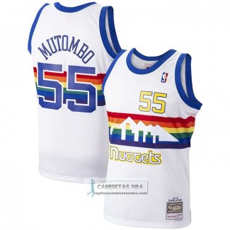 Camiseta Denver Nuggets Dikembe Mutombo NO 55 Hardwood Classics Throwback Blanco