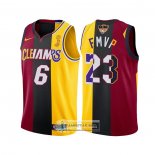 Camiseta Los Angeles Lakers Lebron James NO 6 23 2020 FMVP Heat Cavaliers Split Dual Number Rojo Oro